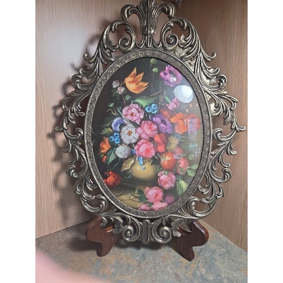 Antique Vintage Wrought Iron Victorian oval Picture Frame bubble glass floral - Picture 3 of 11